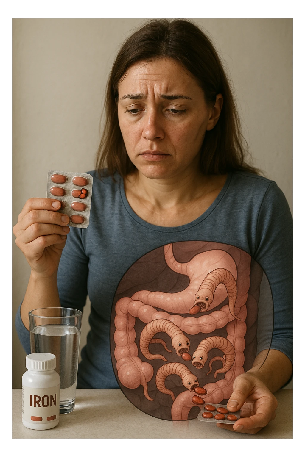 donna con parassiti intestinali che prende integratore di ferro, ma lo mangiano i suoi parassiti. Immagini realistiche sticker