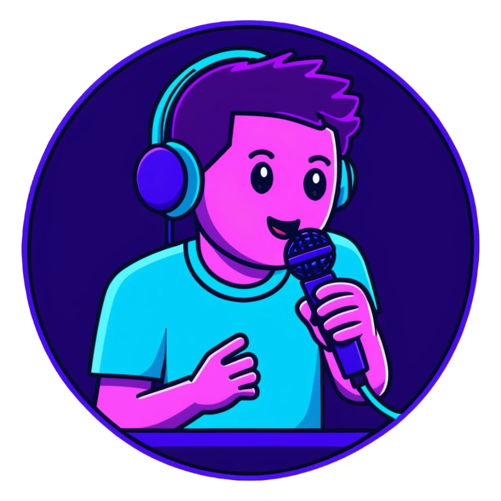 man speaking into a microphone, with neon glow effect, blue neon glow on top left, purple neon glow on bottom right sticker