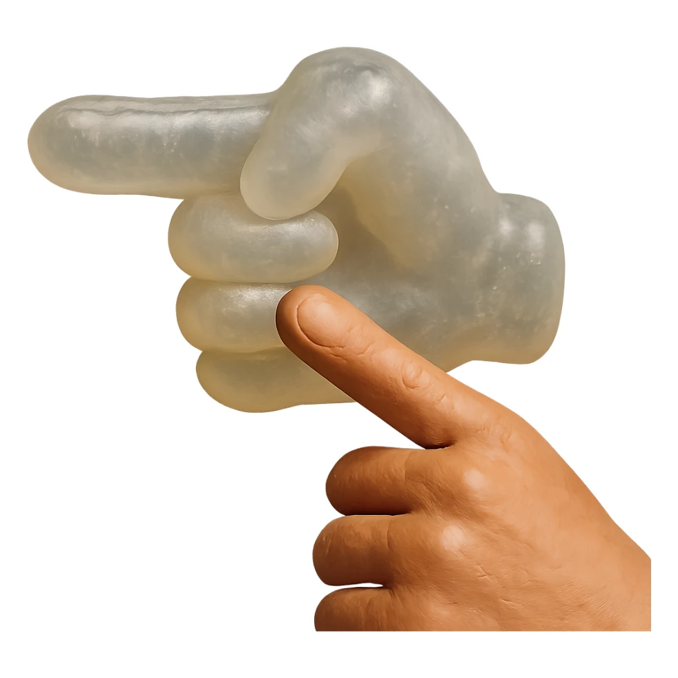 hyper-detailed, hyper-realistic clear-skin hand pointing with index finger, transparent, cloudy, soft plastic like retro 90's toy or gummy, soft, squishy-looking, subtle reflections, no shine, no background transparent, retro, appealing, extremely high quality sticker
