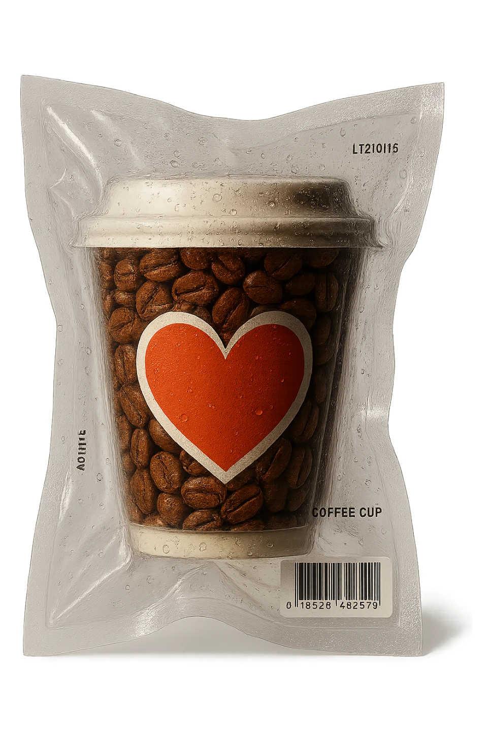 Add coffee beans inside the vacuum-sealed coffee cup with a heart design, keep the vacuum-sealed style, transparent background. sticker