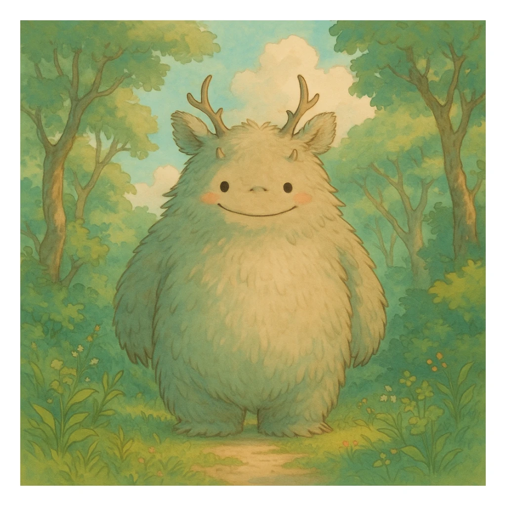 friendly forest monster with soft colors and whimsical atmosphere in ghibli style sticker