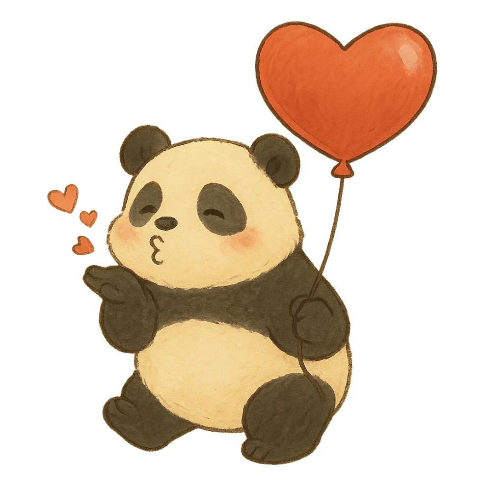 panda with heart-shaped balloon blowing kisses, soft Ghibli style sticker