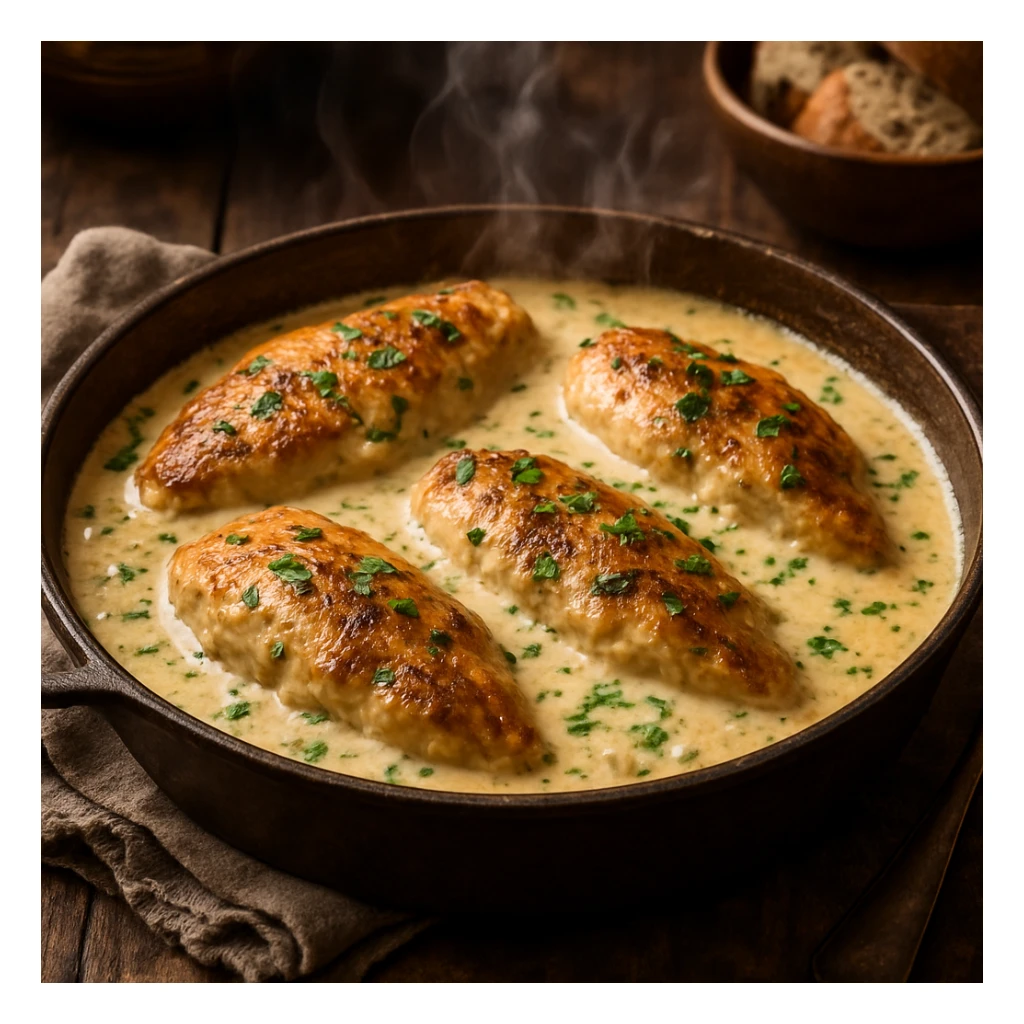 creamy chicken, steaming, rustic style, hearty meal, no text sticker