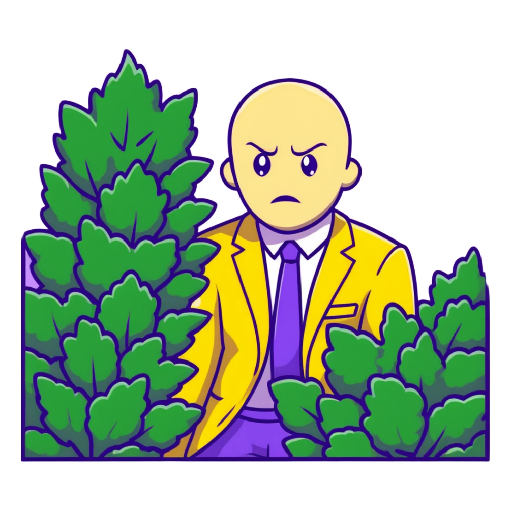 Man in a yellow suit looking suspicious while hiding in a bush, shifty eyes sticker