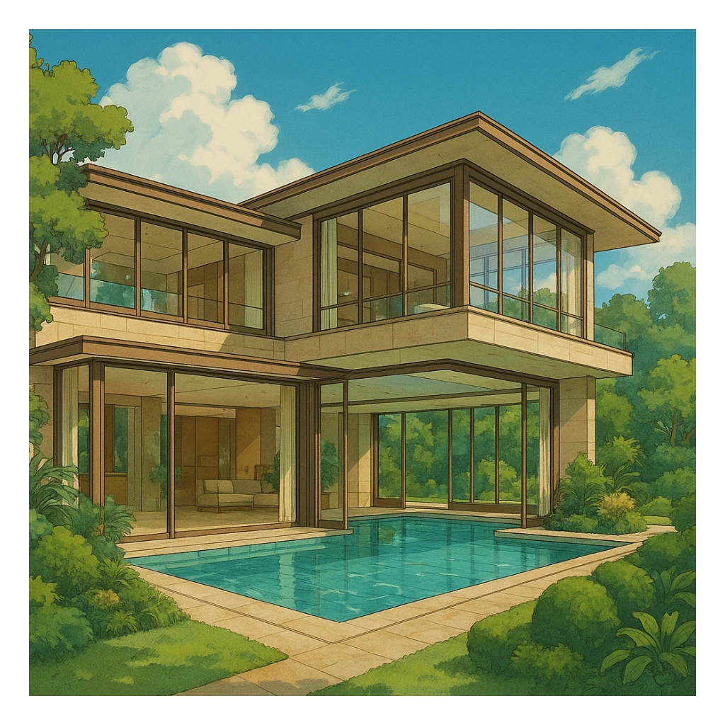 stunning luxury home with large windows and an indoor pool, elegant modern architecture, lush landscaping, ghibli style sticker