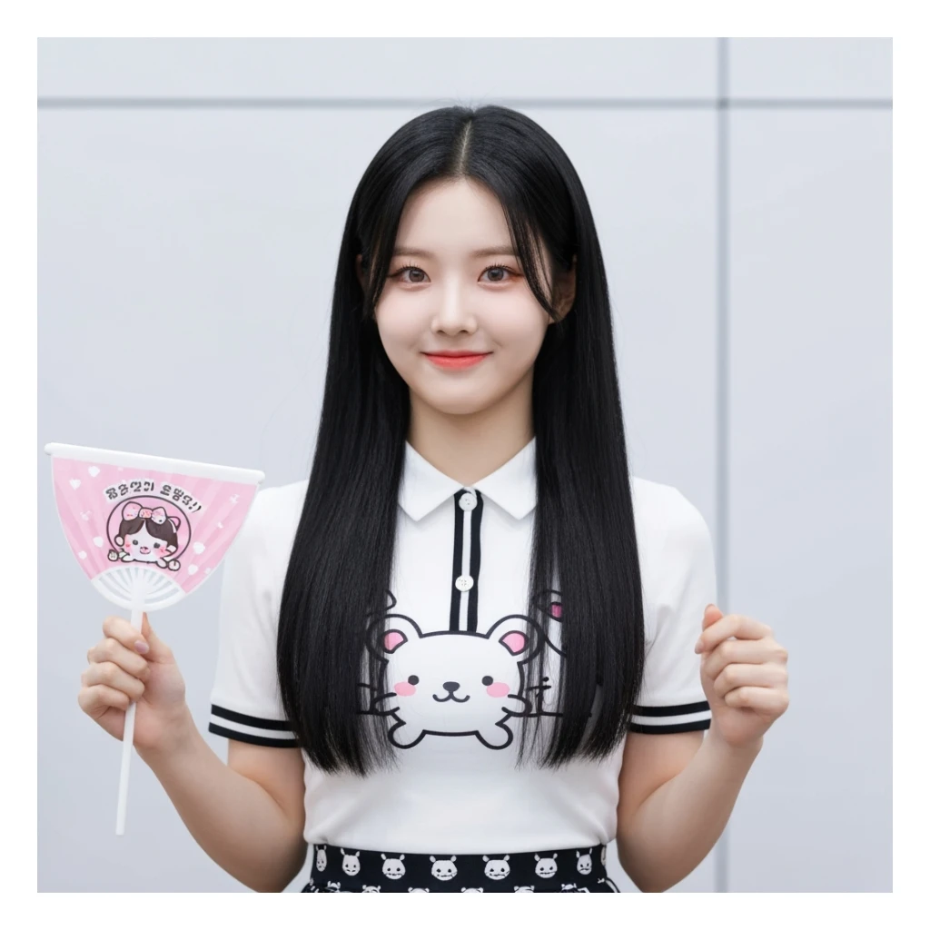 kpop girl with fan banner, cute, expressive, minimal sticker