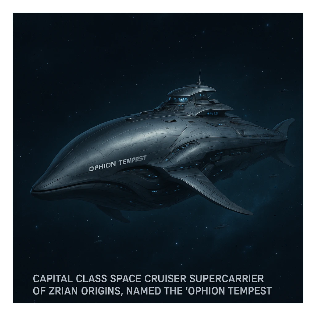 capital class space cruiser supercarrier of Zrian [human] origins, named the "Ophion Tempest"
The ship has a sleek design, mimicking a prehistoric sea-mammal or Cetacea  sticker