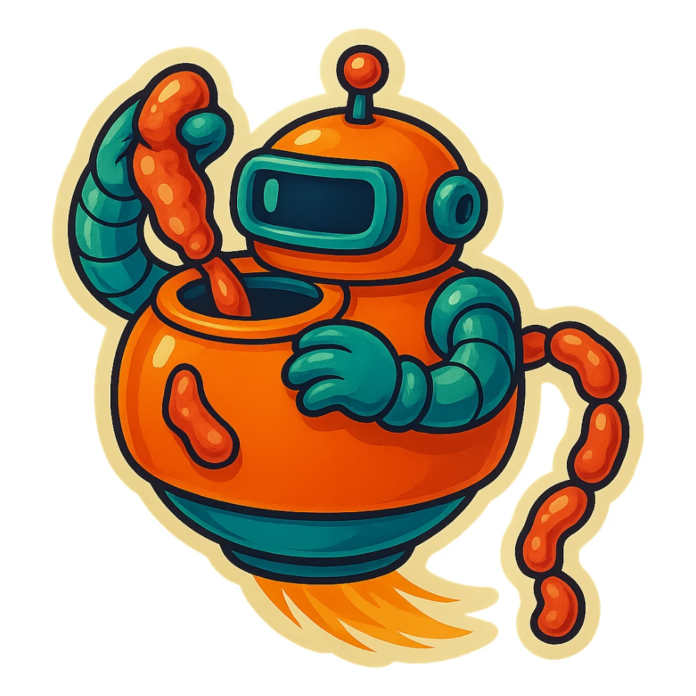 a robot that uses arms to put meat in large hole on top. sausage links come out robots rear. no legs on robot. robot hovers. robot feeds itself meat sticker