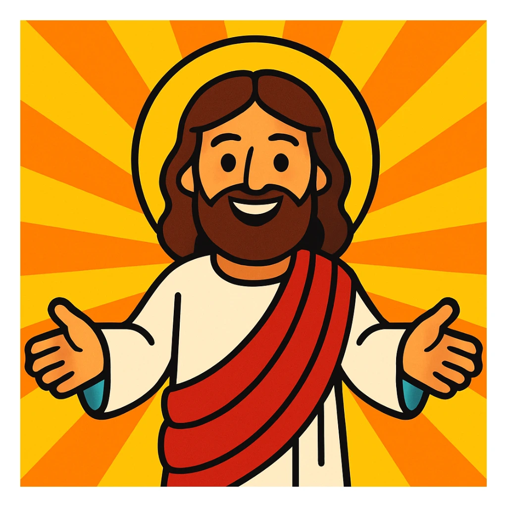 Jesus cartoon style, friendly smile, open arms, bright background sticker