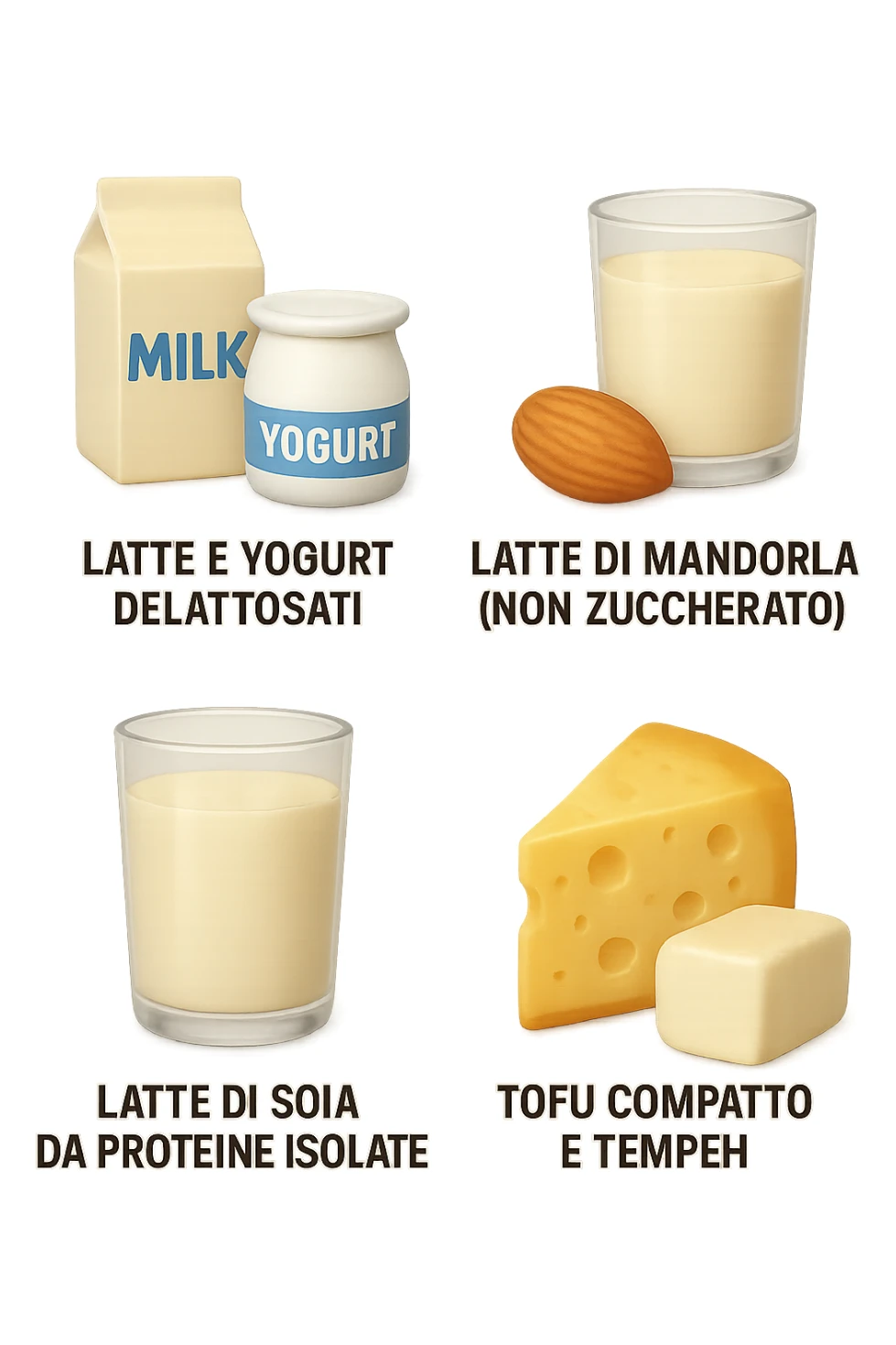emoji stile iphone 3d di questi elementi che fluttuano in aria:

Latte e yogurt delattosati
Latte di mandorla (non zuccherato)
Latte di soia da proteine isolate
Formaggi stagionati (es. parmigiano)
Tofu compatto e tempeh
 che fluttuano in aria,  le etichette scrivile in italiano, iperealistico 4k sticker