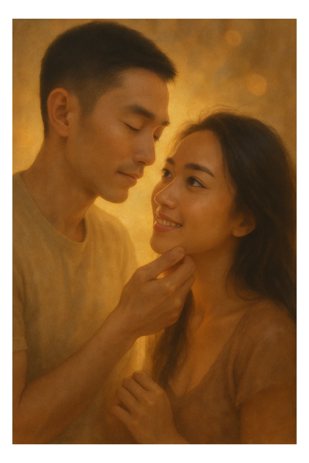 Transform these two lovers into a warm and romantic illustration with a soft and luminous ambiance. Use a realistic and poetic illustration style, avoiding the Ghibli filter. Focus on creating a tender and heartfelt atmosphere with gentle lighting and delicate details. sticker