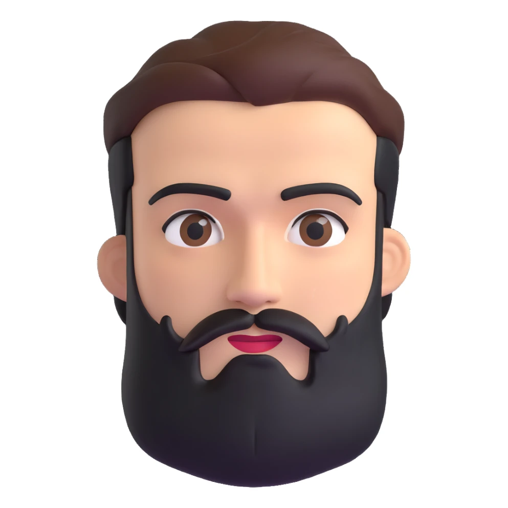 3d male character with moderate beard and unibrow sticker