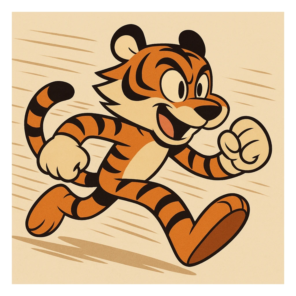 a fast-moving tiger in a dynamic pose, inspired by Sonic the Hedgehog, with exaggerated speed lines and a playful, energetic expression, cartoon style sticker