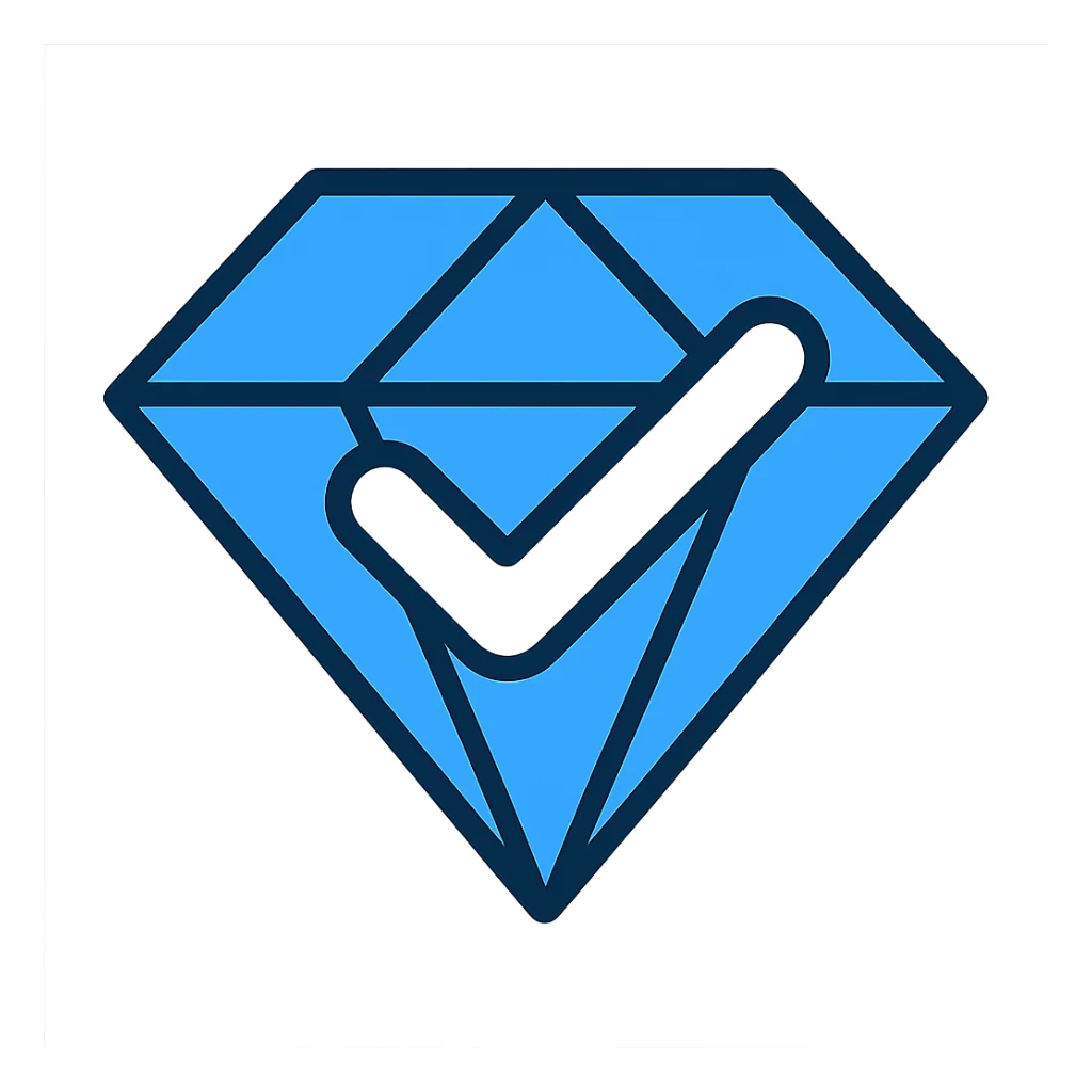 Rotate the blue diamond so it appears as a slightly rotated square. Make the check mark inside pure white. Keep the icon style consistent with the original. sticker