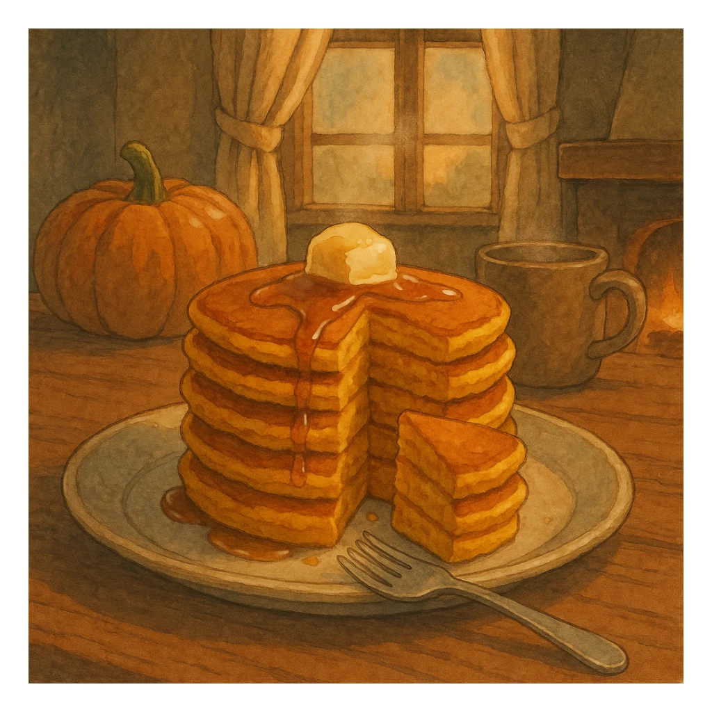 stack of pumpkin pancakes with a piece cut out, cozy sticker