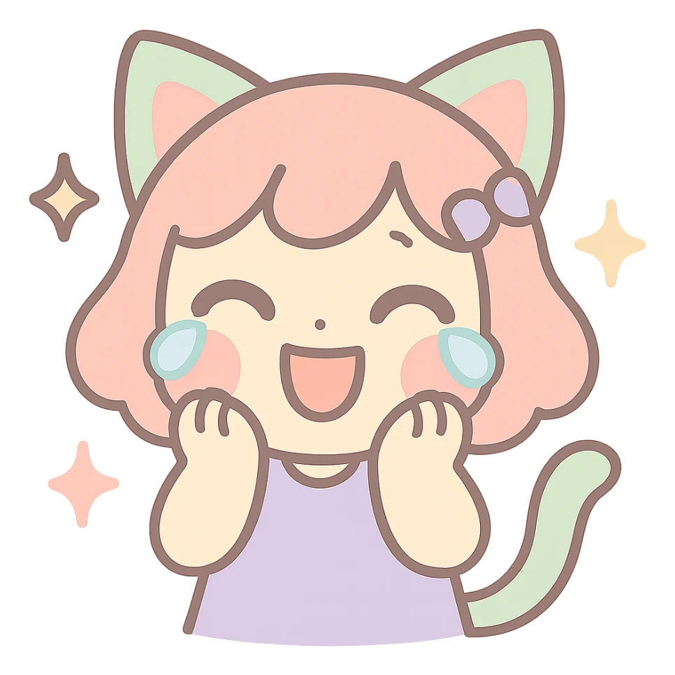 kawaii style neko catgirl laughing with tears, hands on cheeks, sparkles, soft shading sticker