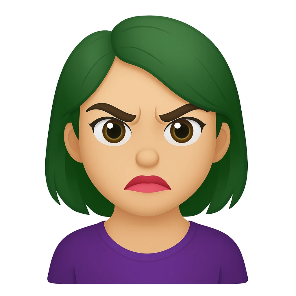 Create an emoji style image of a girl with green hair, angry expression, hazel eyes, and lipstick blended with nude and pink. sticker