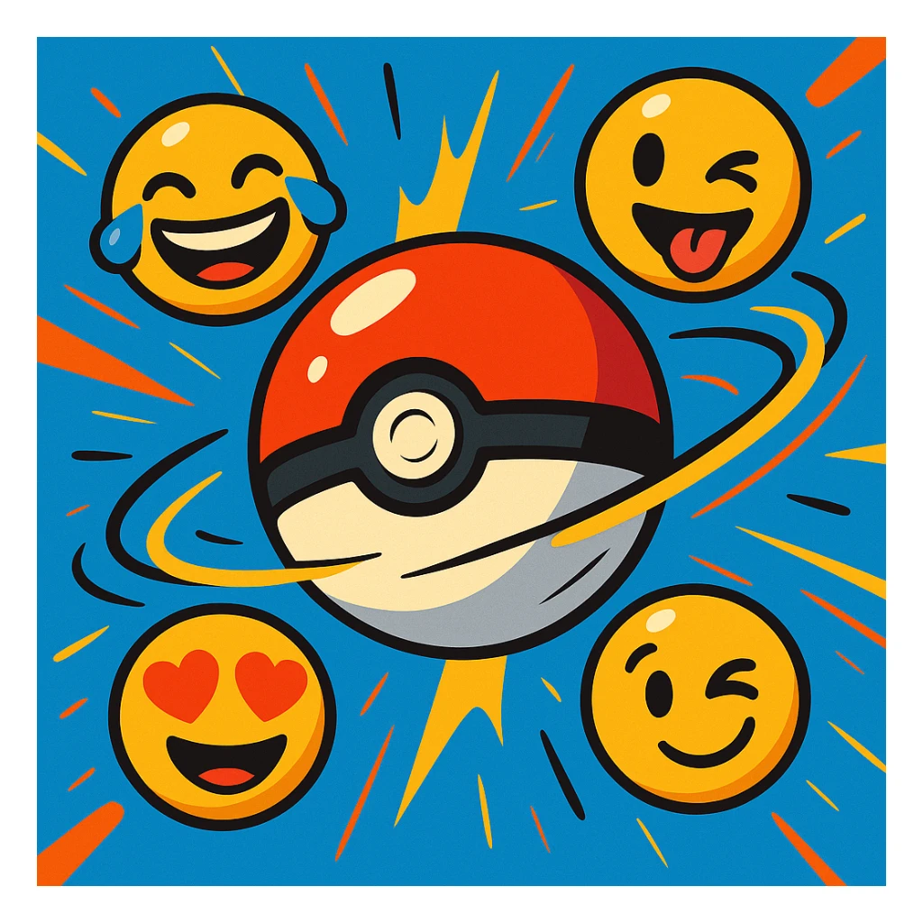 A Poké Ball with multiple colorful emojis such as laughing, winking, heart eyes orbiting around it, dynamic animated cartoon style with movement effects sticker