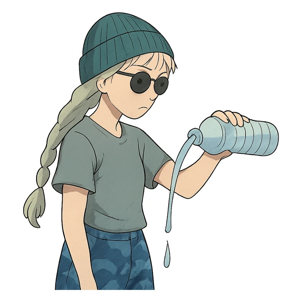 1 female, long white braid, knit cap, dark sunglasses, GRAY T-SHIRT, blue camo pants, POURING OUT A WATER BOTTLE sticker