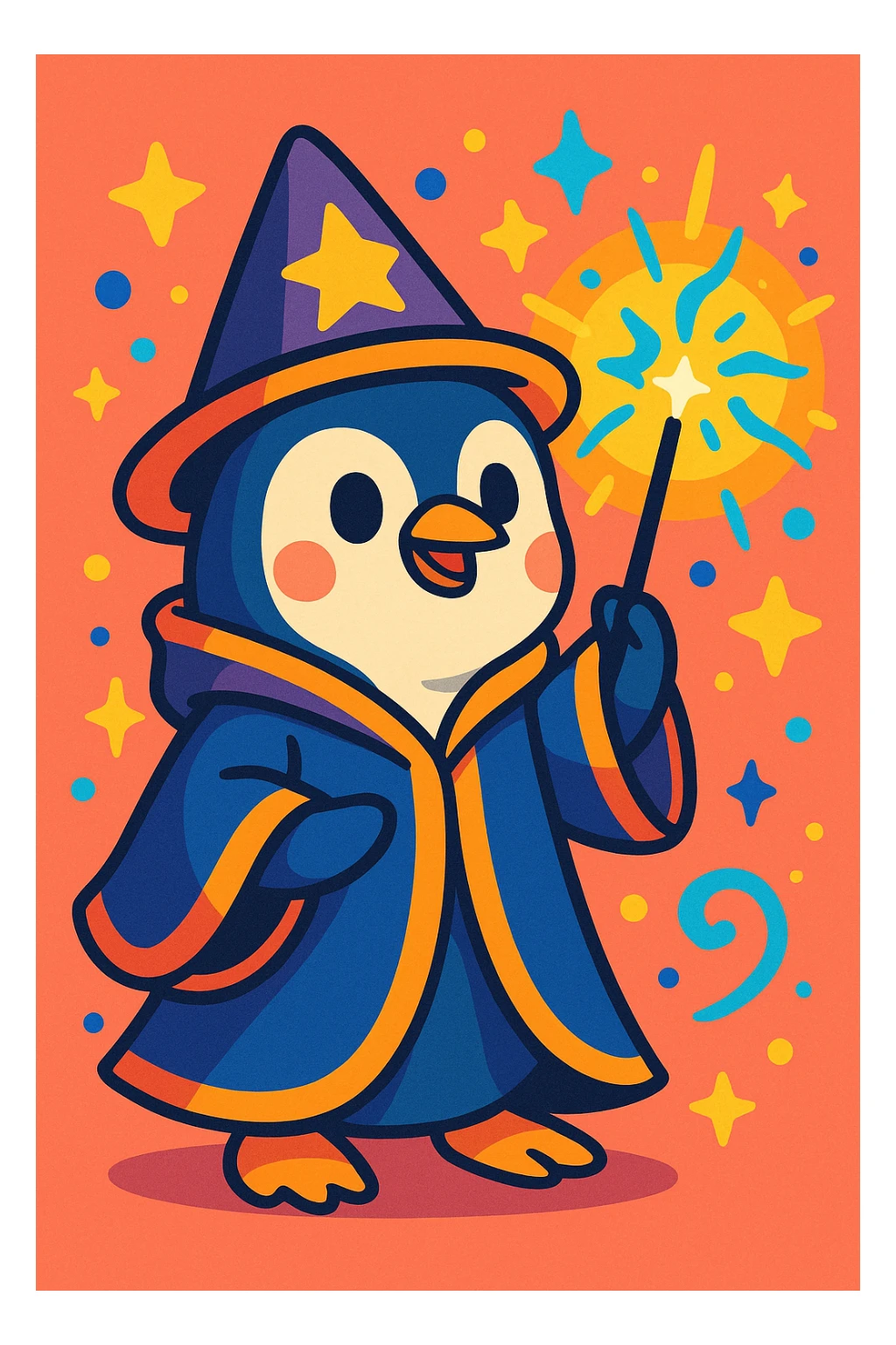 cute penguin wizard casting a spell, wearing a robe and holding a wand, colorful cartoon style sticker