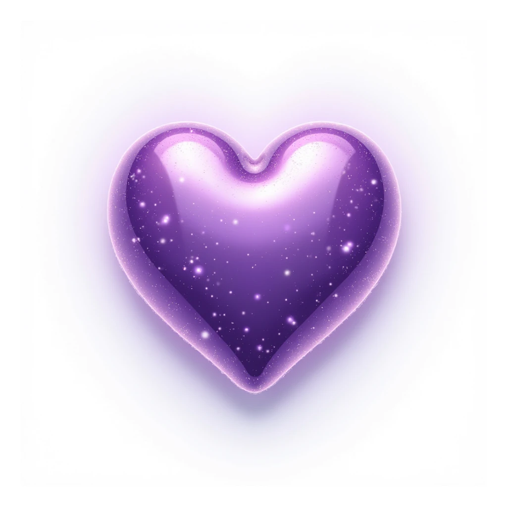 photorealistic purple heart with sparkles and iridescent outline, soft lighting, white clean background sticker