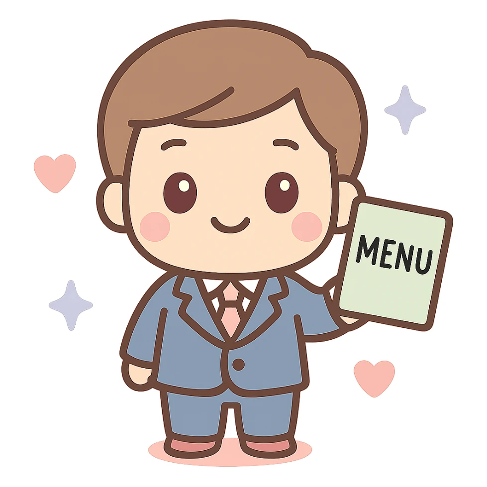 Make the restaurant owner wear a suit, keep the kawaii chibi anime style with flat pastel colors, thick outlines, and simple cute features, transparent background. sticker