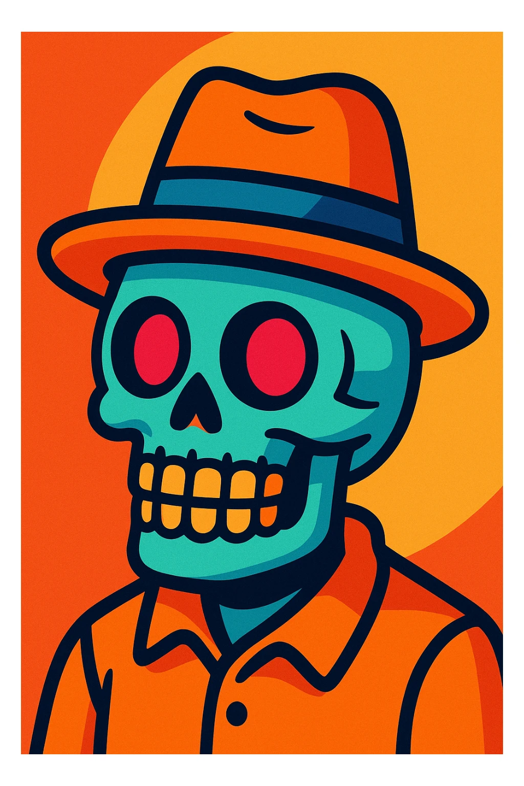 skull face wearing a hat, vibrant cartoon style sticker