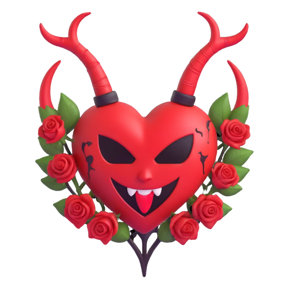 3D emoji devil heart, amethyst glass, small devil horns, forked tail, black roses at the base, crescent moon in background, stardust, stormy rain, fractured glass, blood splatter effect sticker