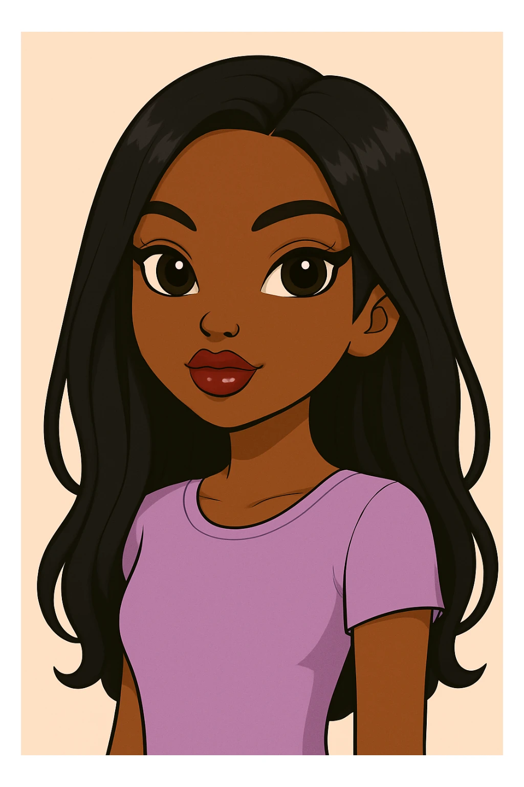 Remove the wink, keep both eyes open with a sassy attitude, headshot only, 20-year-old anime Bratz style woman with dark skin, straight hair, cute pastel Y2K look, big expressive eyes, glossy lips, no hat, no tears, confident and playful expression, in anime Bratz style. sticker