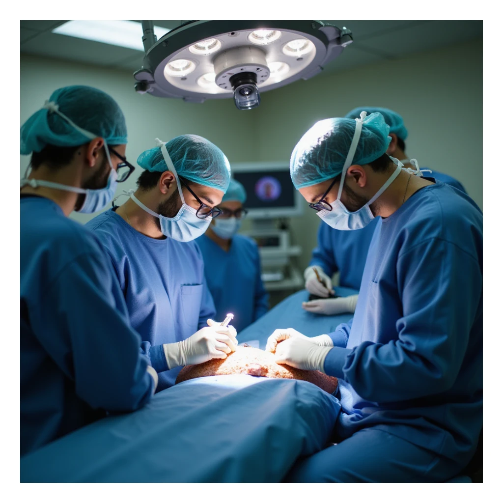 surgeon in operating room performing ankle ligament surgery on a man, medical team working, surgical instruments and monitor visible, focused atmosphere, 4K quality sticker