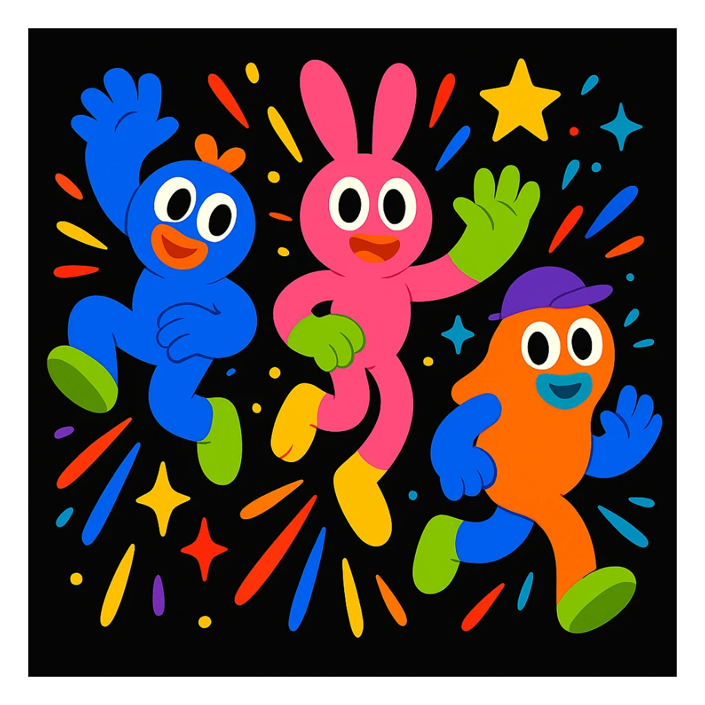 Unify the visual effects across all three mascots: use the same style of colorful motion lines, sparkles, and dynamic accents around each character, matching the playful, energetic, and imaginative vibe for a black website background. Enhance the playful, energetic, and imaginative vibe with consistent colorful motion lines, sparkles, and dynamic accents. sticker