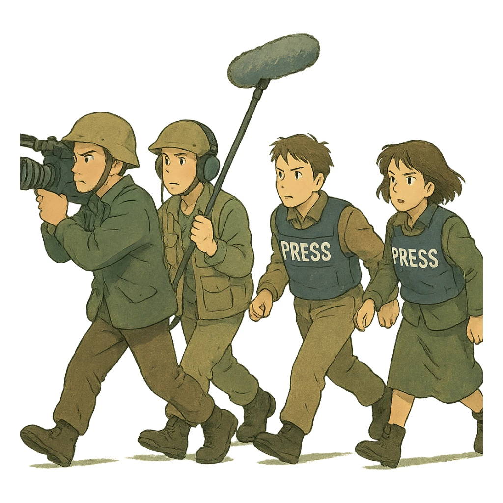 a flim crew, walking from left to right across frame: a cameraman, and a microphone operator, two people, war correspondents, tense moment sticker