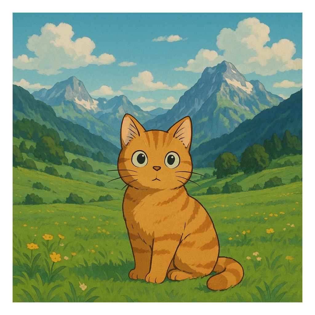 cat in Ghibli style on green Swiss meadows and mountains sticker