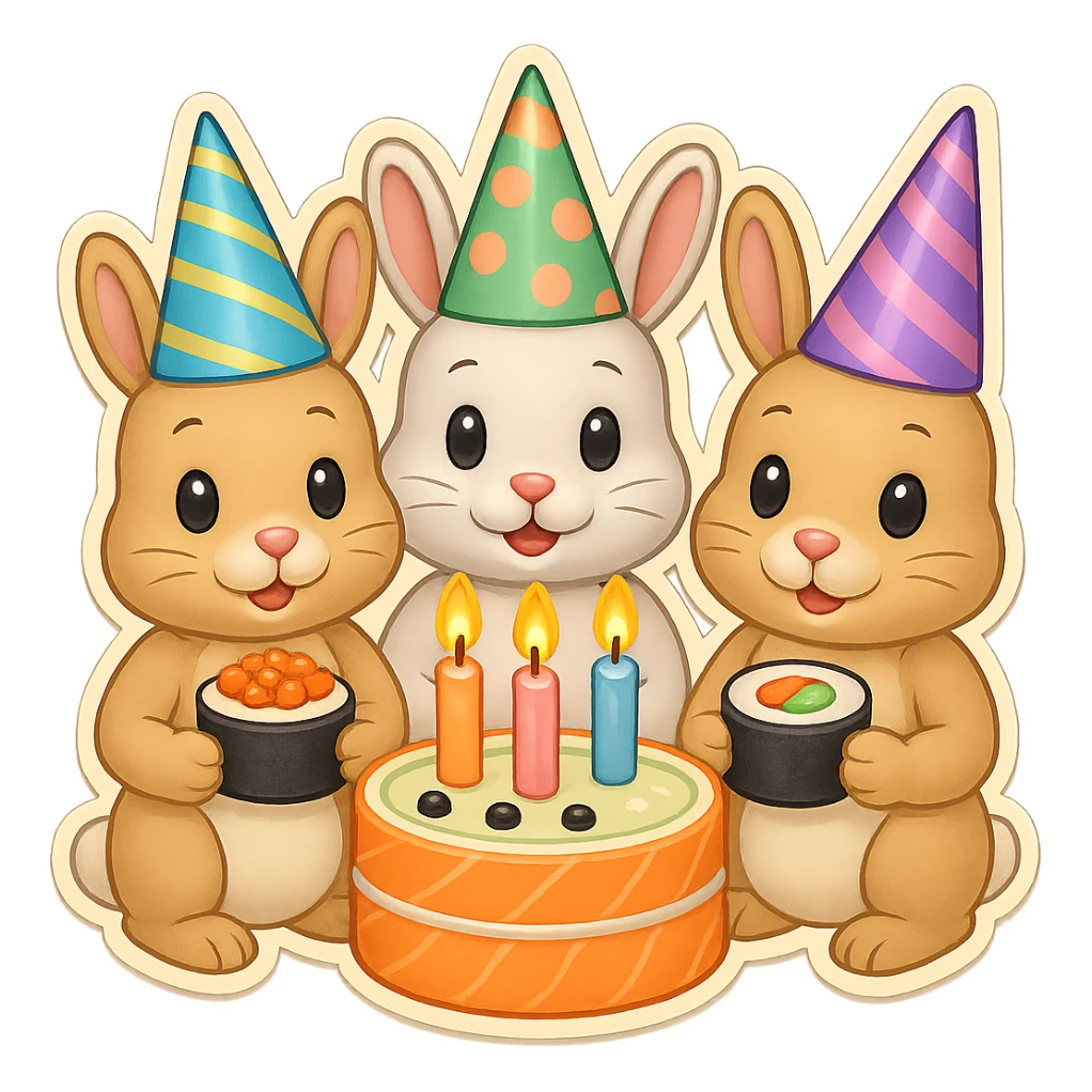 Add a fourth bunny so there are four bunnies together, all clearly visible, eating sushi at a birthday party, pastel colors, cute, festive emoji style, preserve the background transparency. sticker