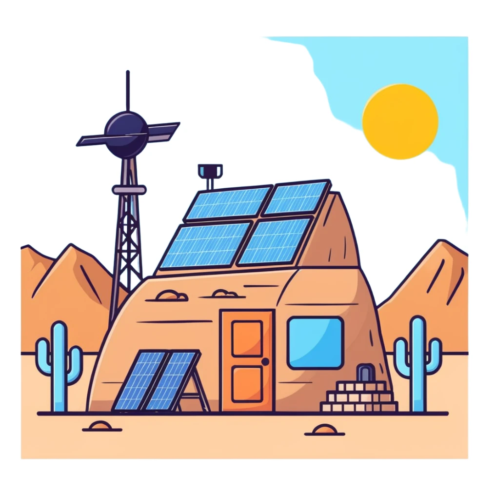 Desert outpost with solar panels and antennas sticker