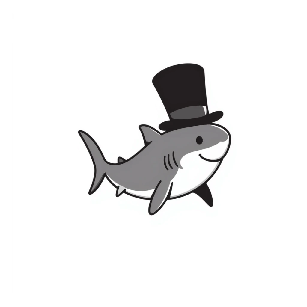 shark wearing a top hat, hand drawn doodle style sticker