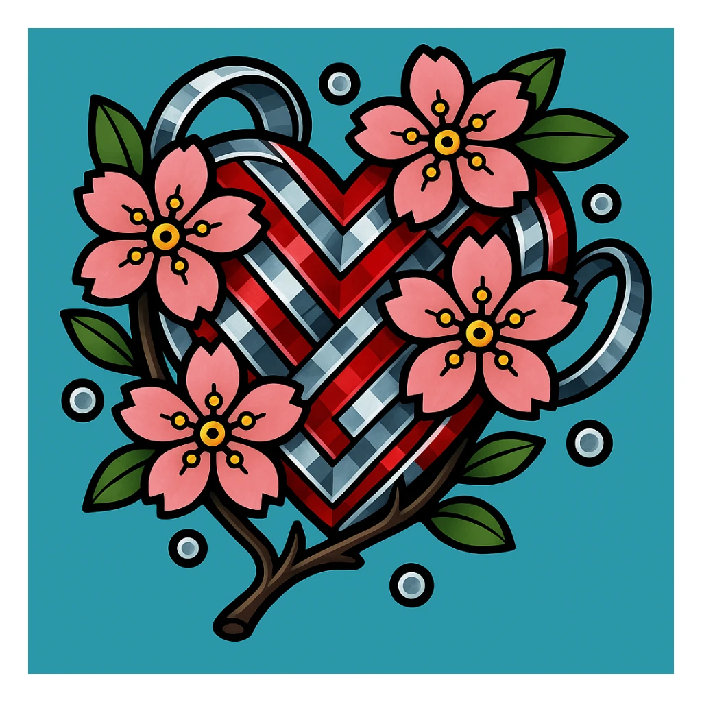 Make the silver accents and details absolutely dominant and overwhelming on the heart with sakura, vibrant toon style. sticker