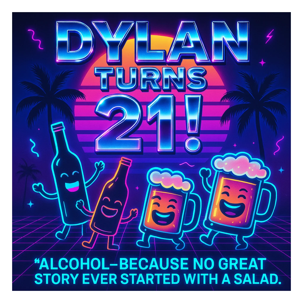 Completely change the style to vaporwave: neon colors, retro 80s grid, palm trees, synthwave sunset, chrome text, and keep the funny drink quote. Make it look digital and bold. sticker