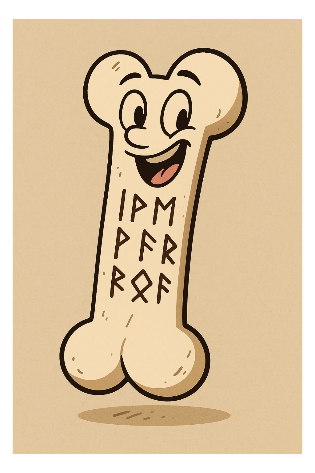 cartoon bone with ancient runes carved into the surface, playful style, simple shading sticker