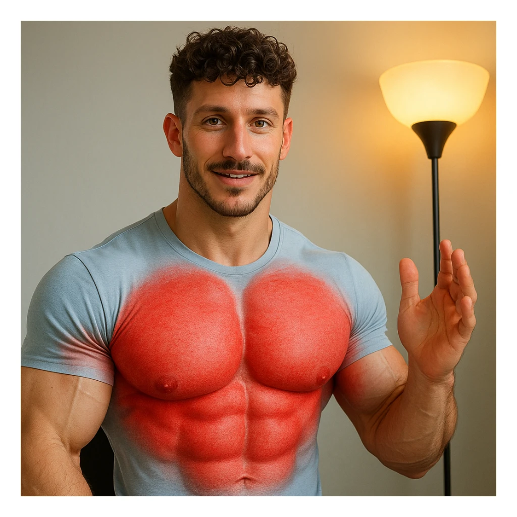 Create a realistic man with a face inspired by the provided photo, but with a muscular body: well-developed and prominent chest and biceps, with red color around the chest and biceps to highlight them. The face should resemble the photo, while the body should be athletic and defined. The style should be realistic with a positive and motivational atmosphere. sticker