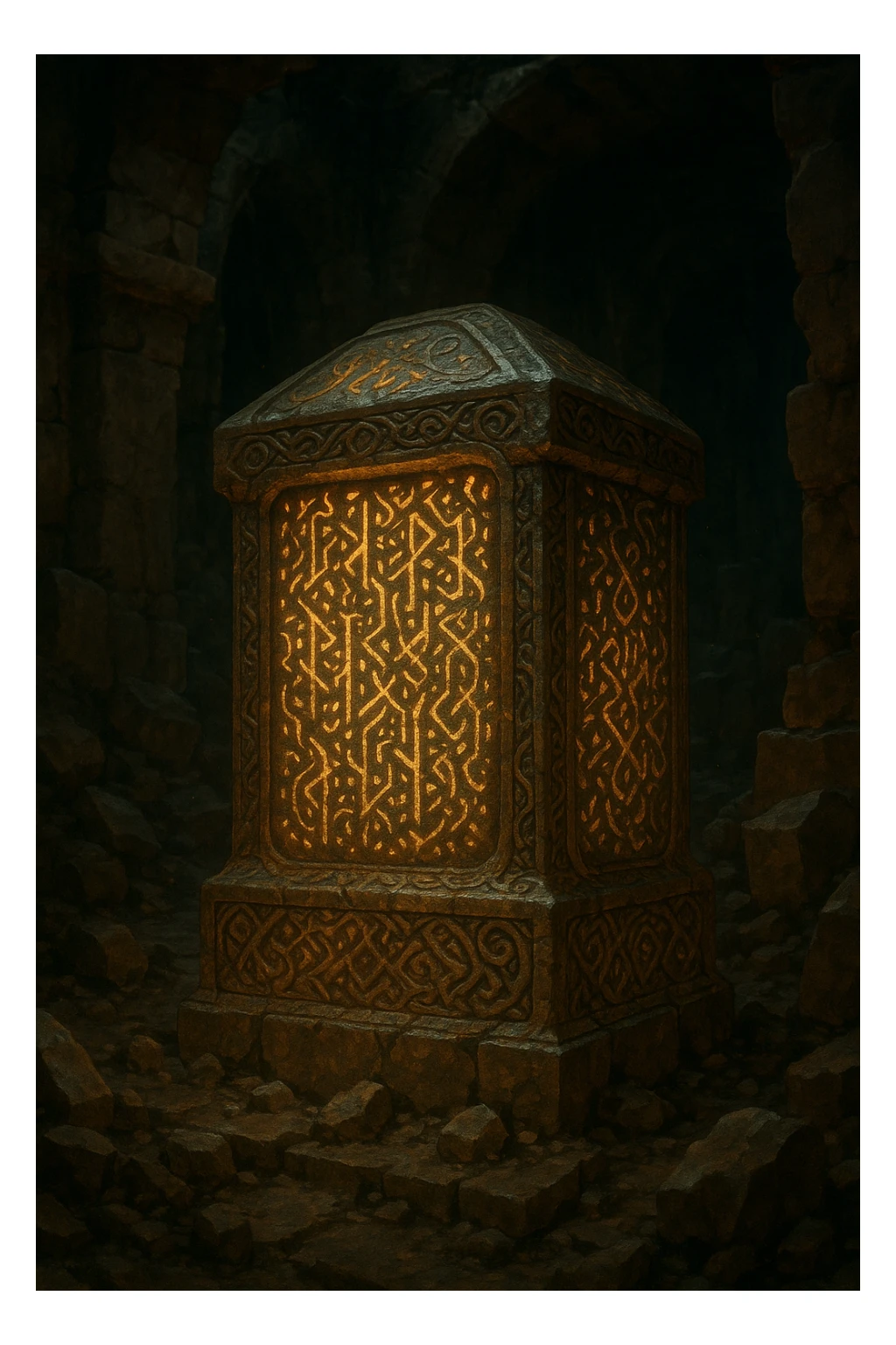 Ancient artifact with mysterious runes, glowing, Tomb Raider style, treasure vibe, no text sticker