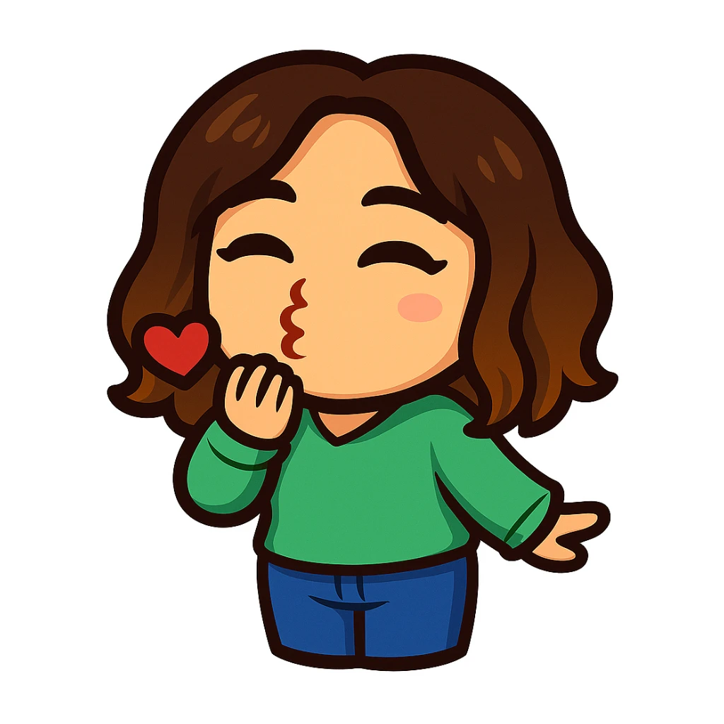 Sticker style chibi emote, matching the attached green heart emote as a base. Woman from reference, mint green sweater and blue jeans, blowing a kiss, cute flirty face, no headband, no wand, transparent background. Top color should not match jeans. sticker