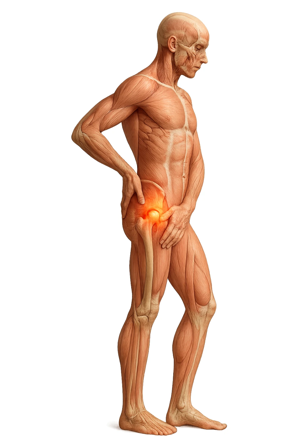 CORPO UMANO ANATOMICO DI PROFILO A FIGURA INTERA REALISTICO CHE SI TOCCA L'ANCA INFIAMMATA, DOLORE ALL'ANCA, IPERREALISTICO 4K sticker