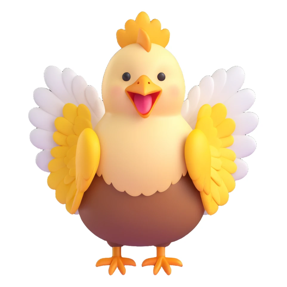 cute hen with fluffy feathers, wings spread, smiling, yellow and white sticker