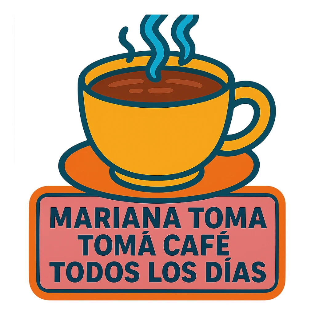 Make the coffee cup much larger while keeping the phrase 'mariana toma café todos los días' in vibrant sticker style with transparent background. sticker
