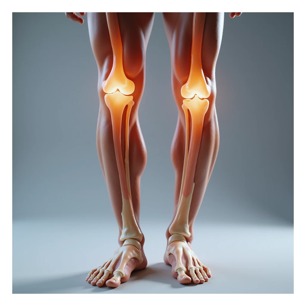 hyperrealistic 4K anatomical view of valgus knee, man's legs, knees touching and ankles separated, bones and joint highlighted, white background, valgus deviation clearly visible, variant 8 with slightly changed overall body position sticker