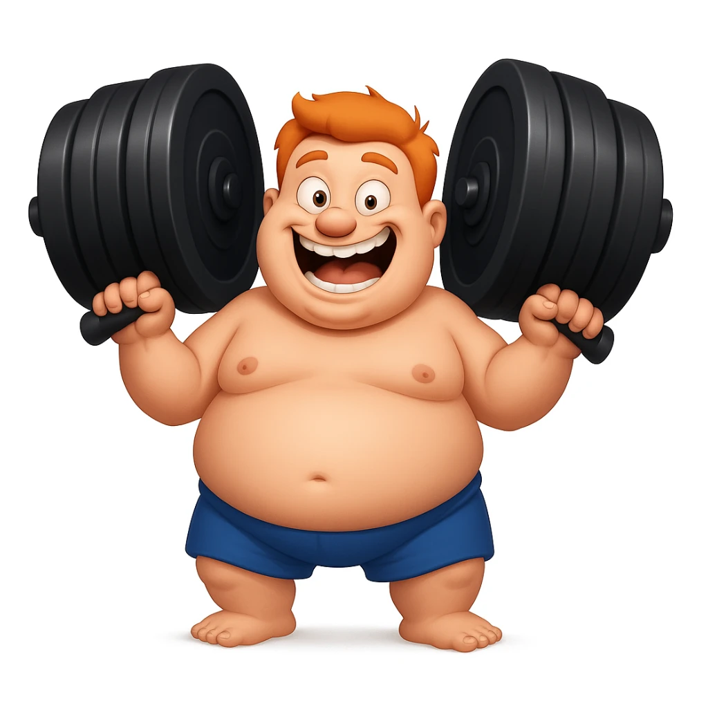 Make the dumbbells much larger while keeping the exaggerated and humorous style, preserving the comic and funny vibe. sticker