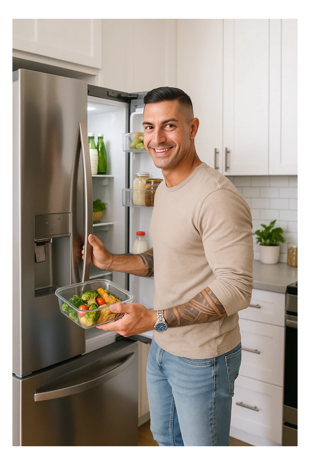 Uomo che mette nel frigo il suo pasto cucinato sticker