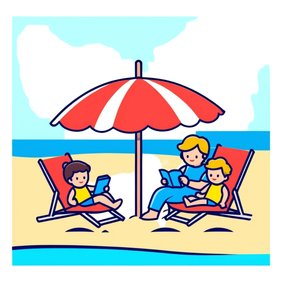 family relaxing under a beach umbrella sticker