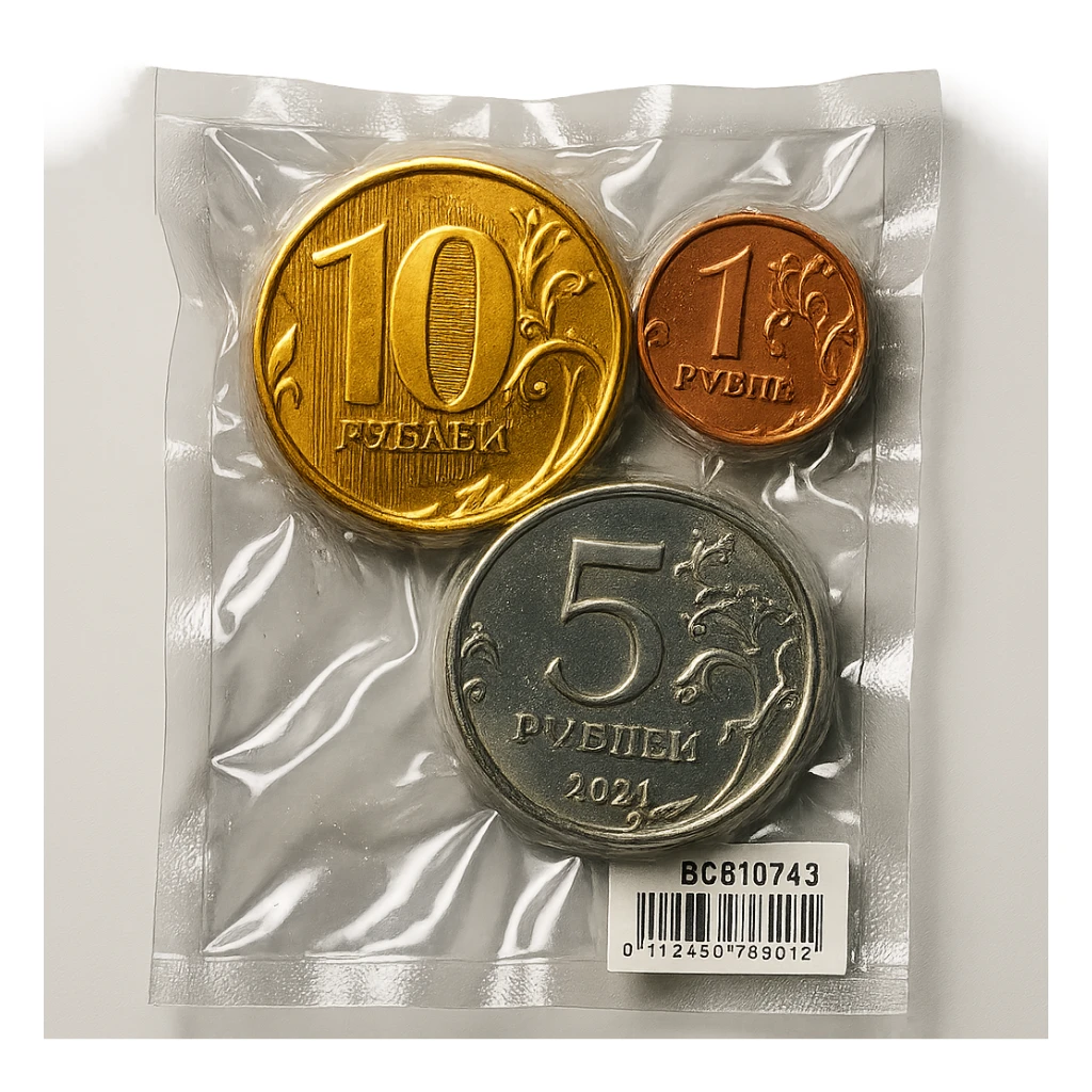 Russian coins, shiny and inflated, vacuum-sealed style sticker